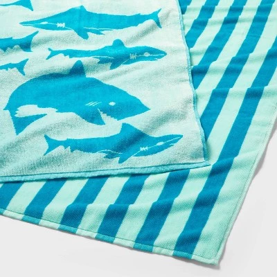 2pk Striped Sharks Beach Towels Aqua - Sun Squad™ 2 2pk Striped Sharks Beach Towels Aqua - Sun Squad™ - Image 2