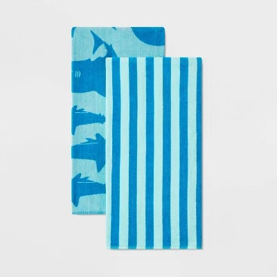 2pk Striped Sharks Beach Towels Aqua - Sun Squad™ 1 2pk Striped Sharks Beach Towels Aqua - Sun Squad™