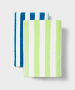 2pk Striped Beach Towels Blue/Green - Sun Squad™